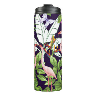 Flamingos, tropical plants: vintage pattern. thermal tumbler