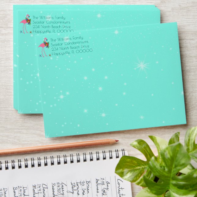 Flamingos Turquoise Return Address A7 Envelope (Stacked)
