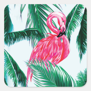 Flamingos Under Palm Trees In The Jungle Of Africa Square Sticker