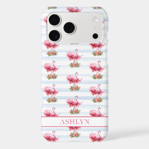 Flamingos with Flowers on Watercolor Stripes