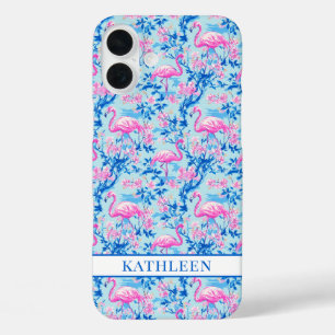 Flamingos with Pink Flowers Monogrammed iPhone 16 Plus Case