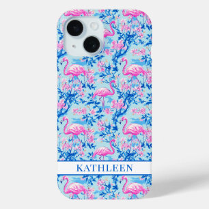 Flamingos with Pink Flowers Monogrammed iPhone 15 Case