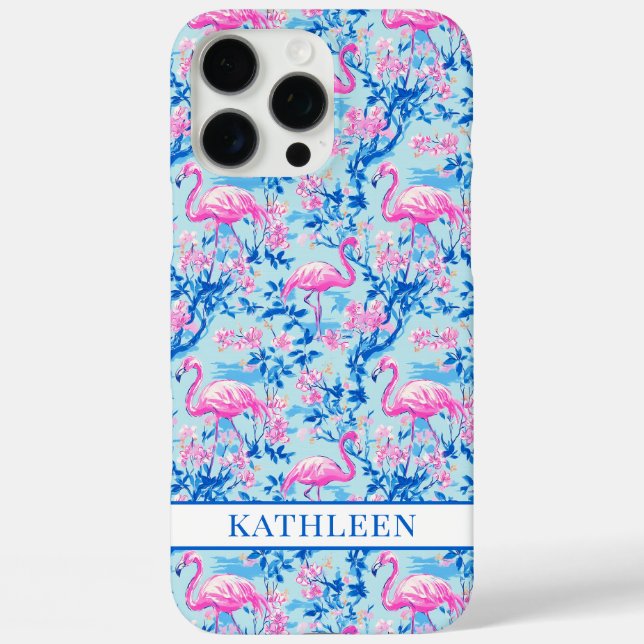 Flamingos with Pink Flowers Monogrammed Case-Mate iPhone Case (Back)