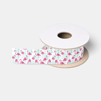 Flamingos with Tropical Palm Leaves Satin Ribbon