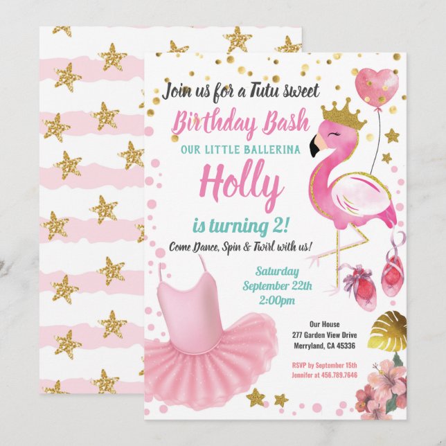 FlamingoTutu Ballerina Girl Birthday Party Invitation (Front/Back)
