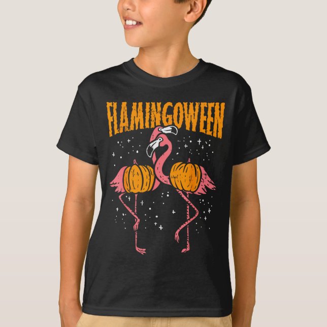 Flamingoween Pumpkin Flamingos Funny Bird Hallowee T-Shirt (Front)
