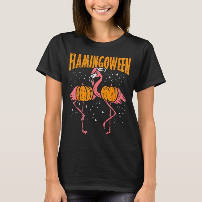 Flamingoween Pumpkin Flamingos Funny Bird Hallowee T-Shirt (Front)