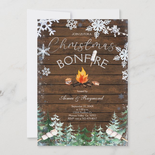 Flammes de neige d'hiver Noël Bonfire Invitation (Devant)