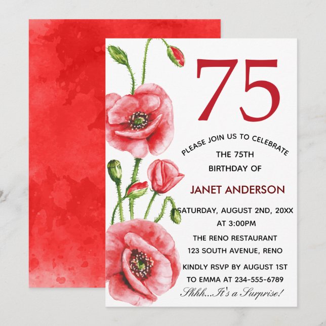 Flanders Poppy Watercolor 75th Birthday Party Invitation (Front/Back)
