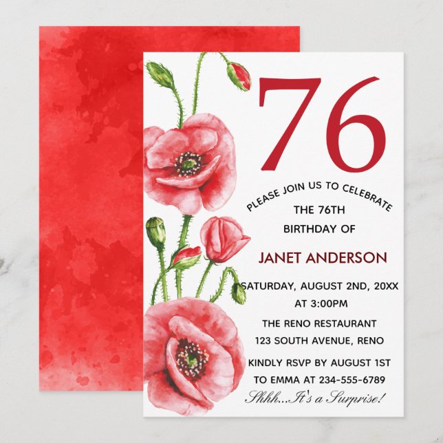 Flanders Poppy Watercolor 76th Birthday Party Invitation (Front/Back)