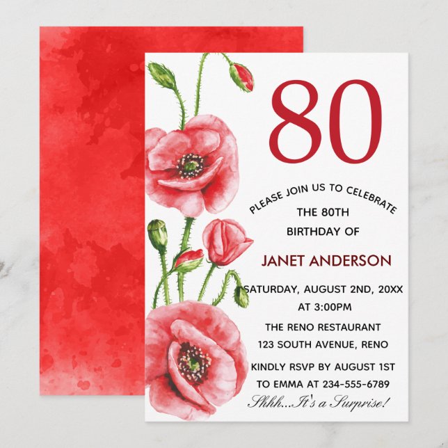 Flanders Poppy Watercolor 80th Birthday Party Invitation (Front/Back)