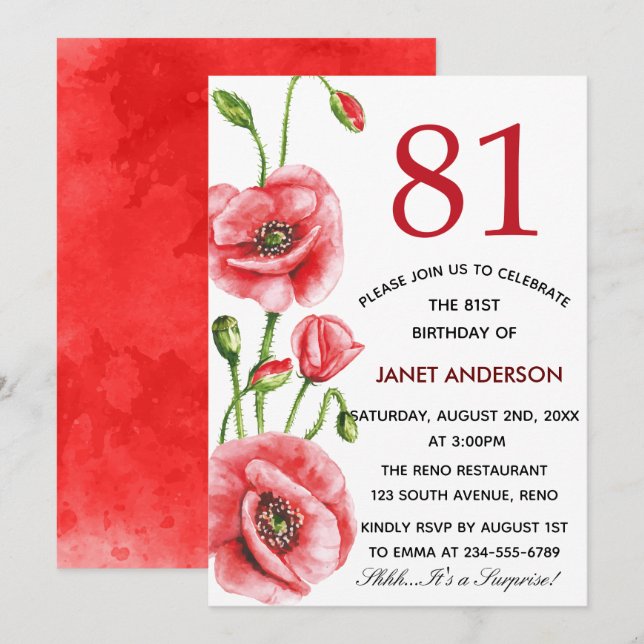 Flanders Poppy Watercolor 81st Birthday Party Invitation (Front/Back)