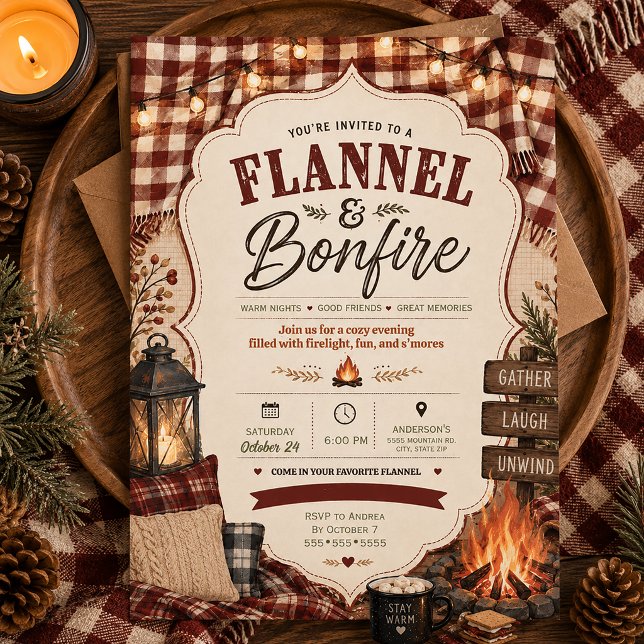 Flannel Bonfire Plaid Autumn Fall Get Together  Invitation (Flannel & Bonfire invitation)