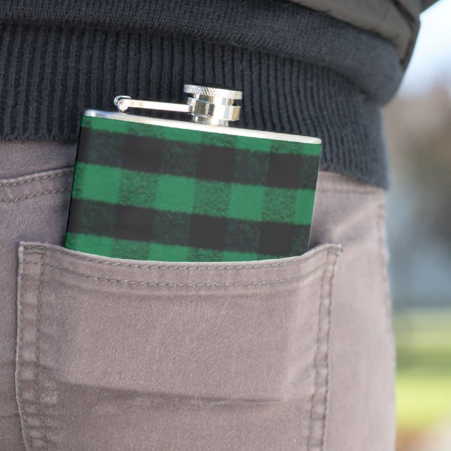 Flannel Buffalo Plaid Green lumberjack texture Hip Flask (In Situ)