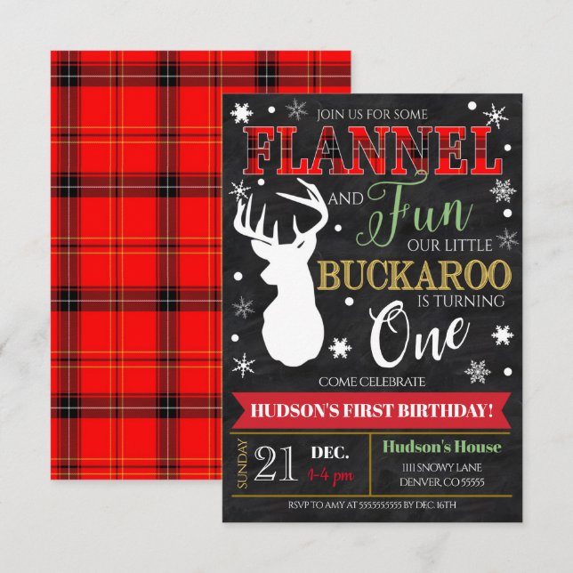  Flannel et Fun Boy Premier BIrthday Invitation de (Devant / Derrière)