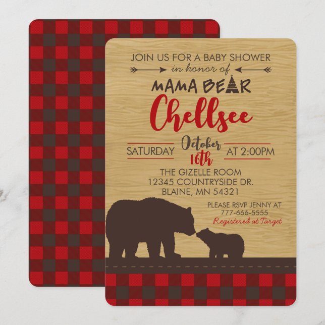 Flannel et Wood Mama Ours Bébé Douche Invitations (Devant / Derrière)