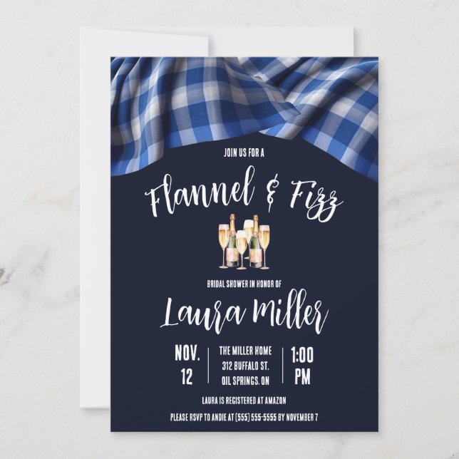 Flannel & Fizz, Plaid, Champagne Bridal Shower Invitation (Front)