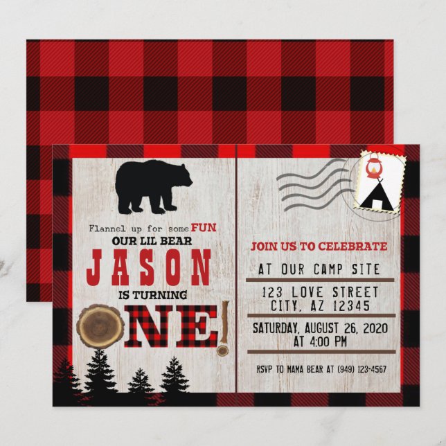 Flannel Little Bear Wild One 1st Birthday Invitation (Front/Back)