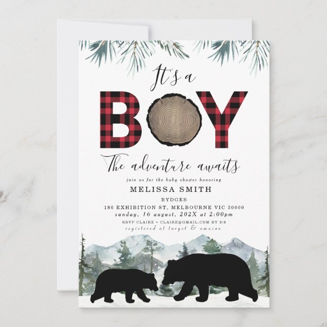 Flannel Lumberjack Bear It's A Boy Baby Shower Invitation (Front)
