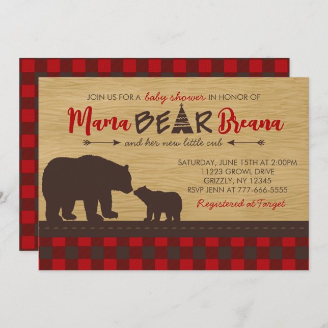 Flannel Mama Ours Bébé Douche Invitations (Devant / Derrière)