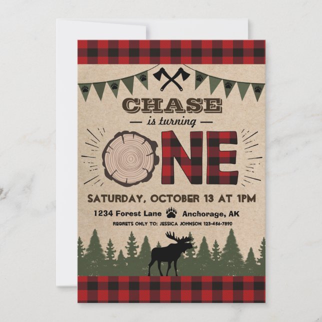 Flannel Wood Stump Forest Wilderness Birthday Invitation (Front)