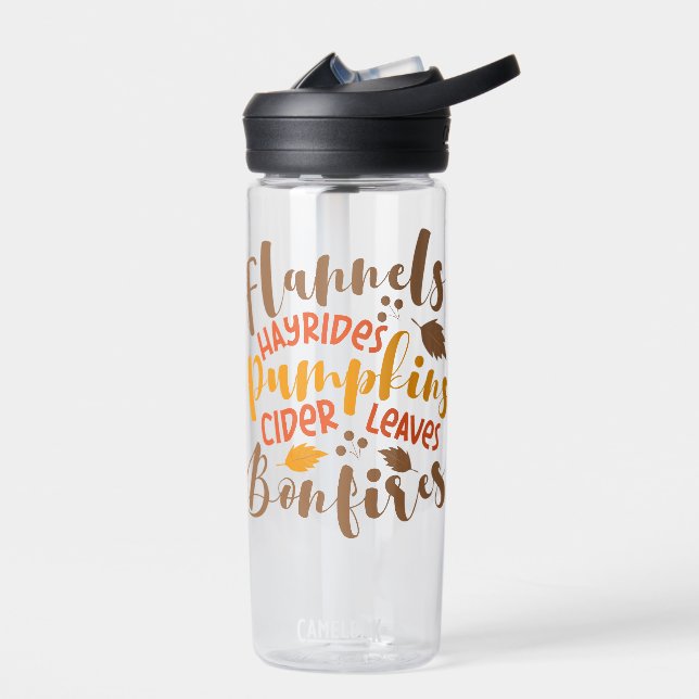 Flannels Hay Rides Pumpkins Cider Leaves Bonfires Water Bottle (Left)