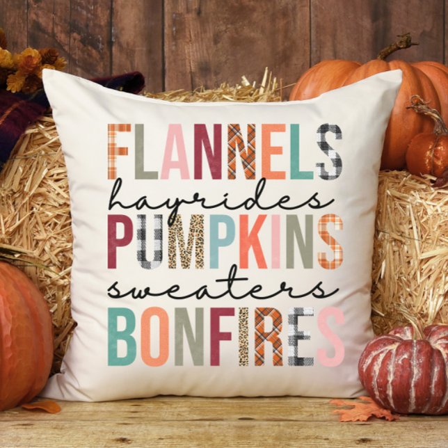 Flannels Hayrides Pumpkins Bonfires Plaid Fun Fall Throw Pillow (Creator Uploaded)