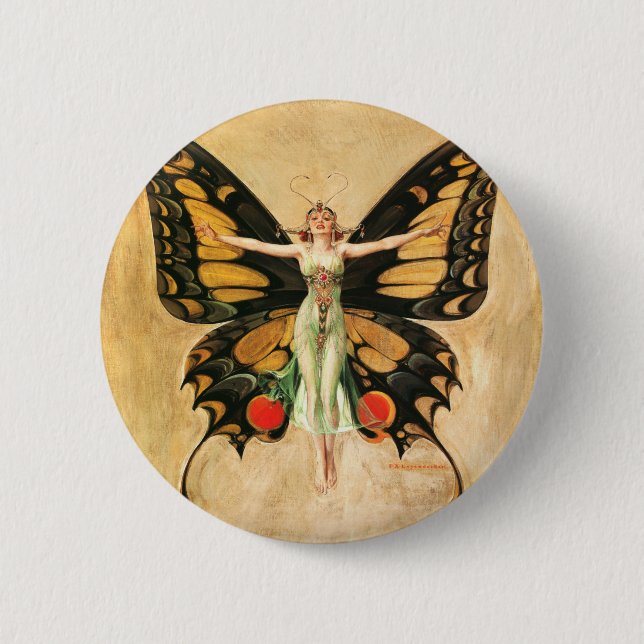 Flapper Butterfly Flying Woman Illustration 2 Inch Round Button (Front)