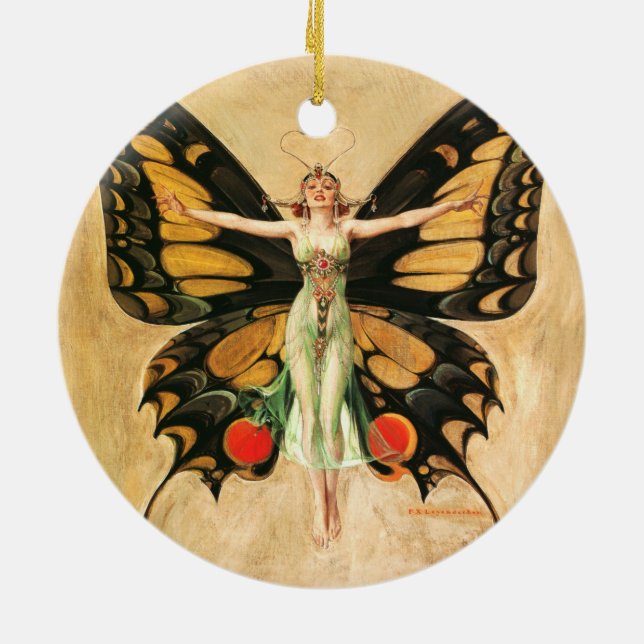 Flapper Butterfly Flying Woman Illustration Ceramic Ornament (Back)