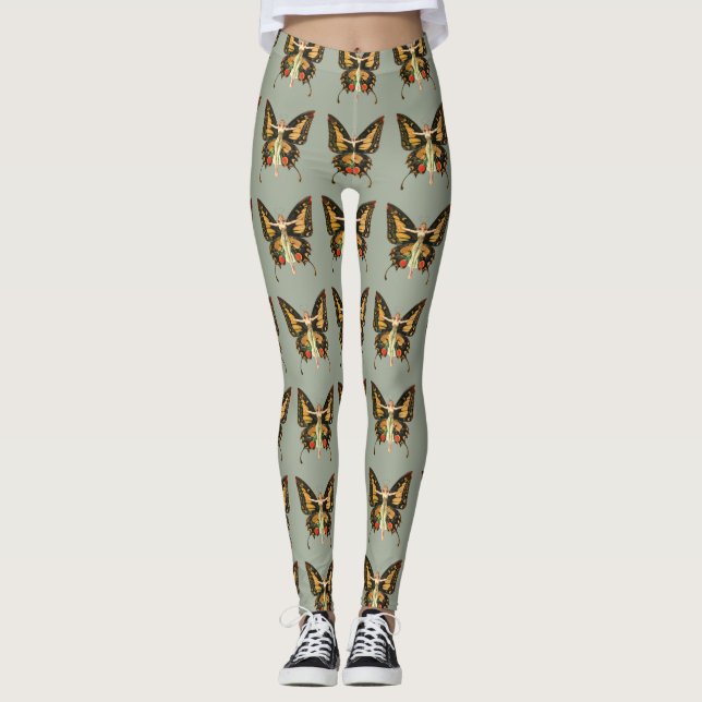 Flapper Butterfly Flying Woman Illustration Leggings (Front)