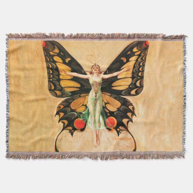 Flapper Butterfly Flying Woman Illustration Throw Blanket (Front)