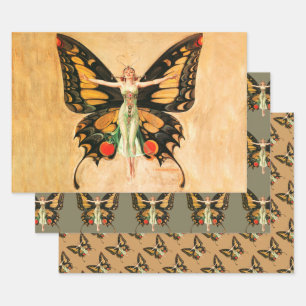Flapper Butterfly Flying Woman Illustration Wrapping Paper Sheet