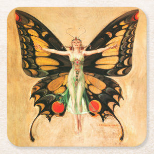 Flapper Butterfly Leyendecker Woman Illustration Square Paper Coaster