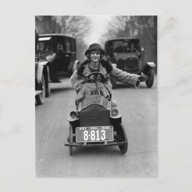 Flapper Driving Pedal Car, 1924 Postcard (Front)