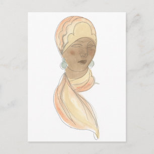 Flapper Fashion Sketch - Woman with Scarf Postcard