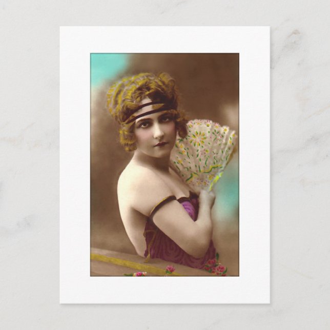 flapper girl in purple with a fan postcard (Front)
