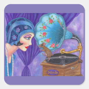 Flapper Girl Roaring Twenties Mouse Gramophone Square Sticker
