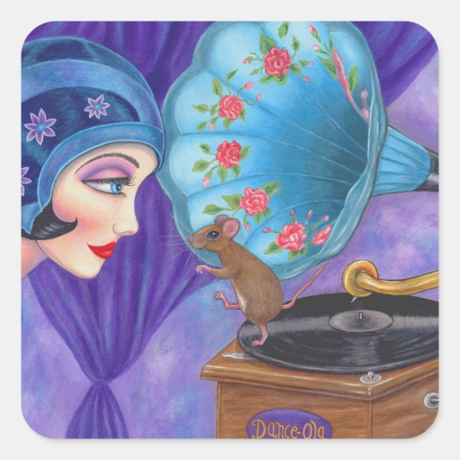 Flapper Girl Roaring Twenties Mouse Gramophone Square Sticker (Front)