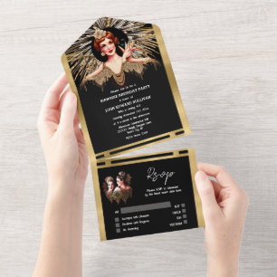 Flapper girls black gold 1920 Gatsby dinner party All In One Invitation