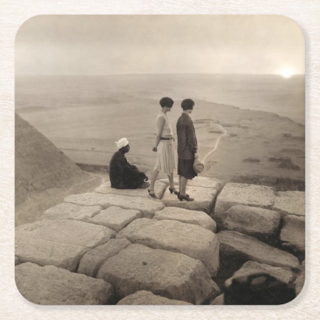 Flapper Girls Sunrise Khufu Pyramid, Egypt 1920  Square Paper Coaster (Front)