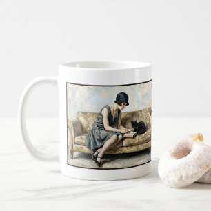 Flapper Reading a book with a black cat Literature Coffee Mug