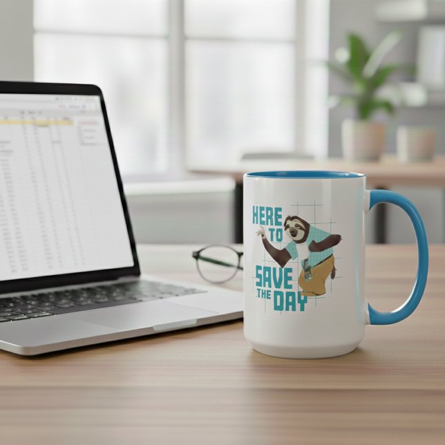 Flash Slothmore - Here to Save the Day Two-Tone Coffee Mug (Mug simulated on table)