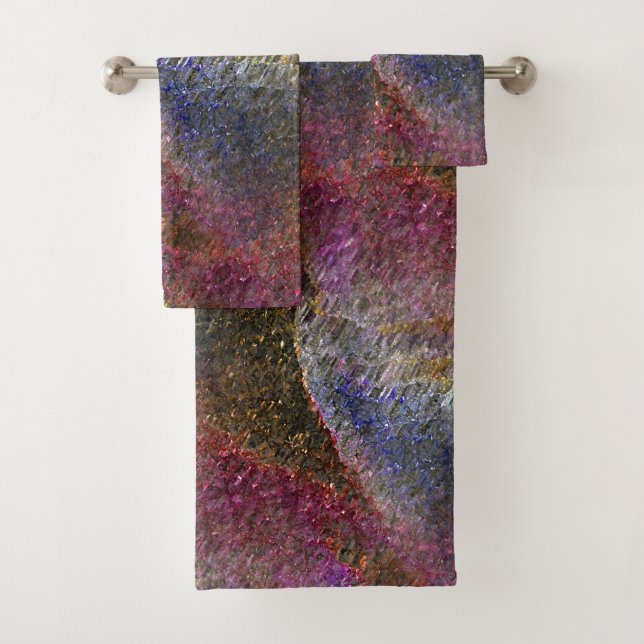 Flashy and rustic melted splashes of coloured glas bath towel set (Insitu)