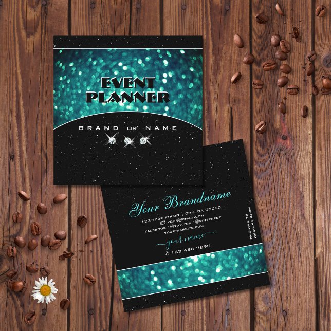 Flashy Black and Teal Sparkling Glitter Glamourous Square Business Card (Creator Uploaded)