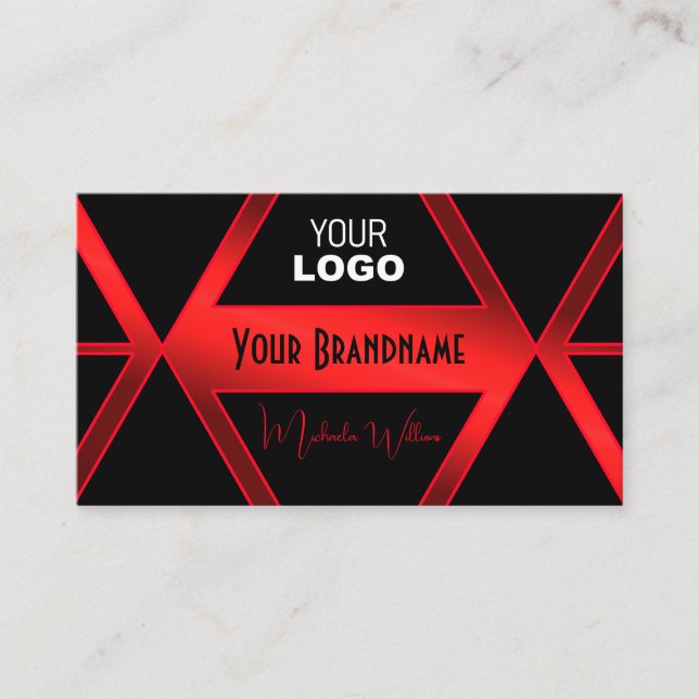 Flashy Black Geometric Shimmery Red Chic with Logo Business Card (Front)