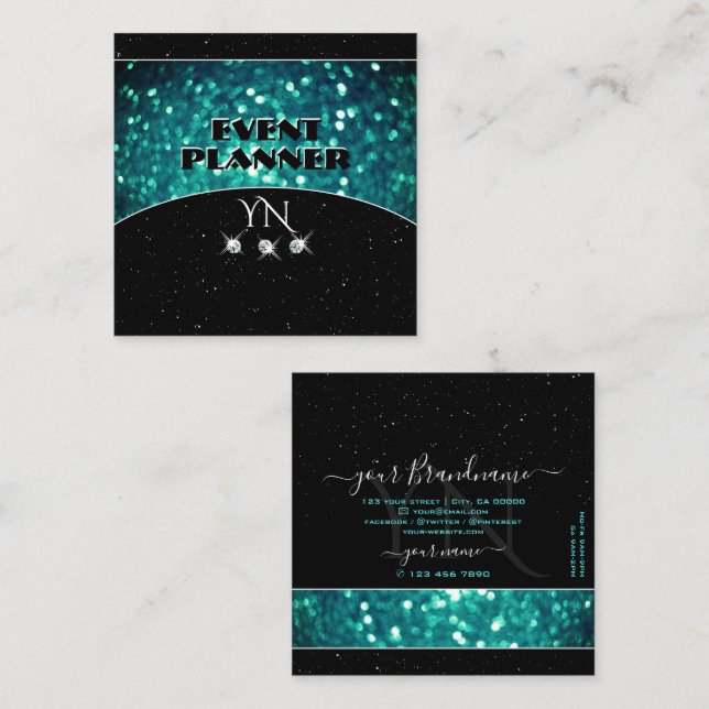 Flashy Black Teal Sparkling Glitter with Monogram Square Business Card (Front/Back)