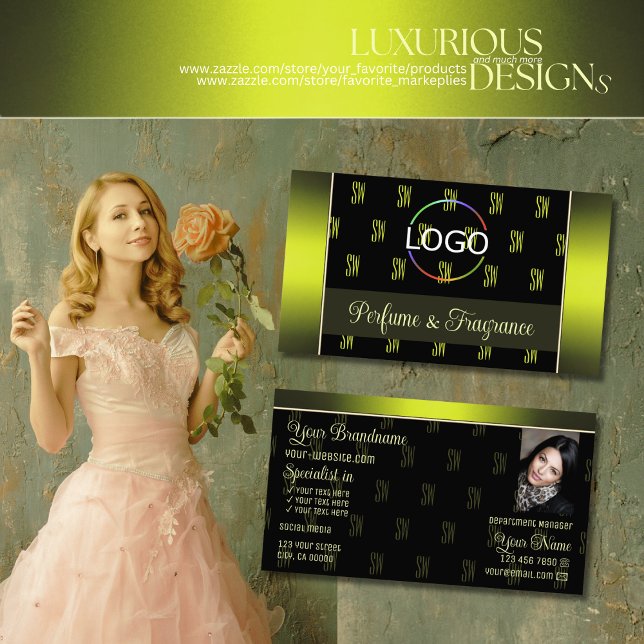 Flashy Black Yellow with Logo Photo and Monogram Business Card (Creator Uploaded)
