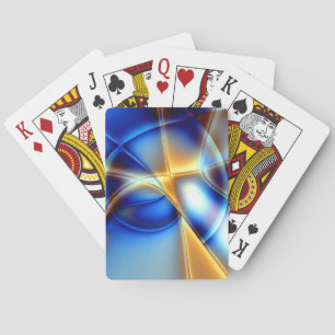 Flashy blue and yellow and snail-like lines throw playing cards