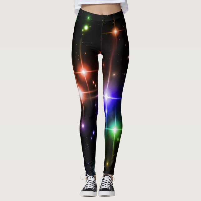 Flashy Bright Colourful Glitter Stars Black Yoga Leggings (Front)