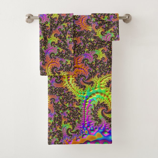 Flashy Colourful Spiral Abstract Digital Fractal Bath Towel Set (Insitu)